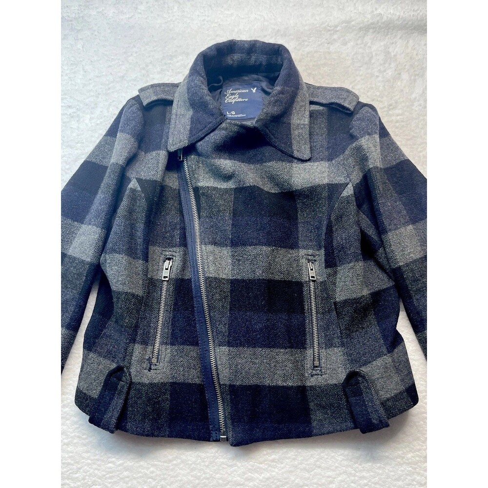 American Eagle AEO Jacket Womens L Cropped Asymmetrical Zip Plaid Wool Blend
